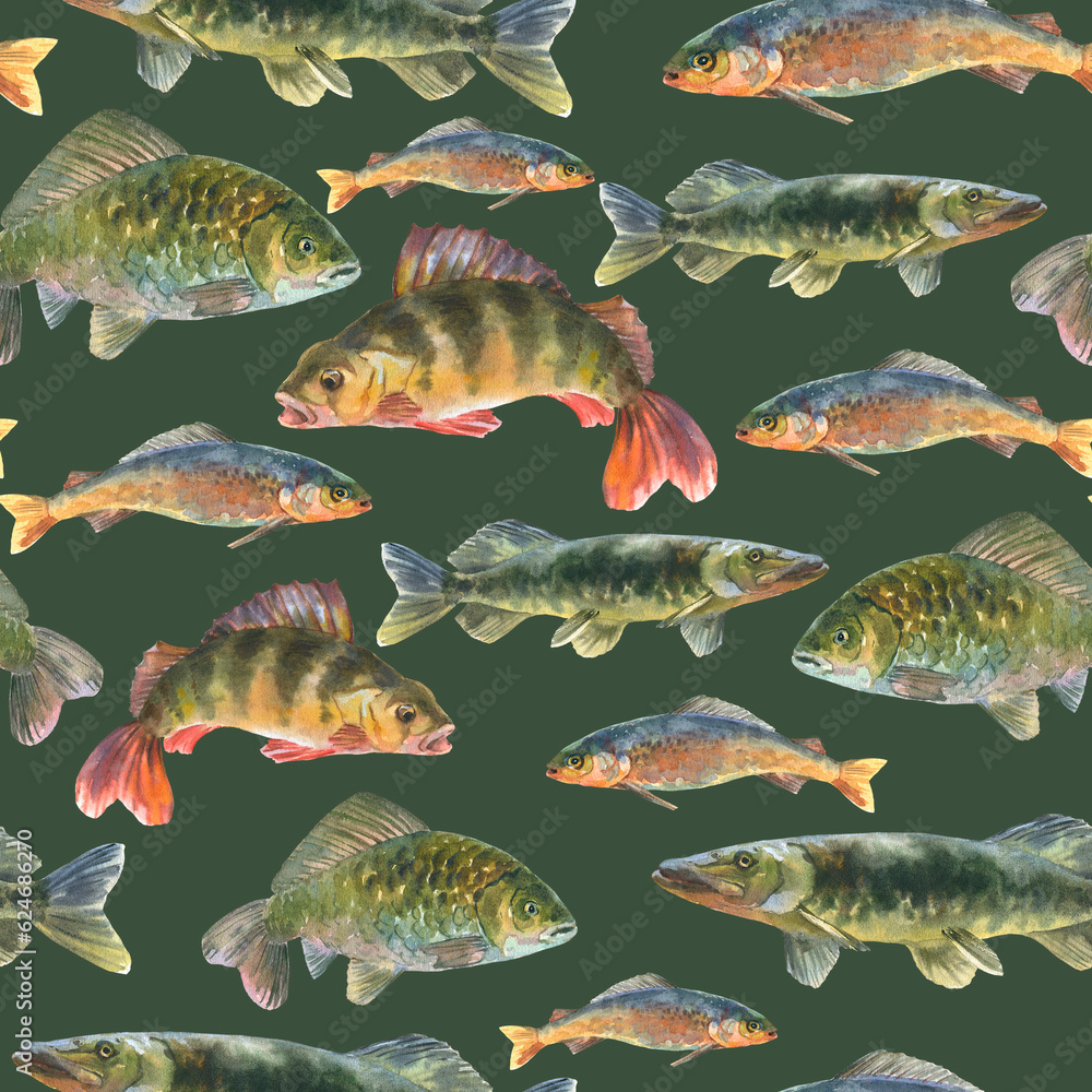 Fototapeta premium Watercolor illustration, seamless pattern with fresh fishes, perch, pike, Crucian fish, carp, grayling animal isolated on a sap green background.