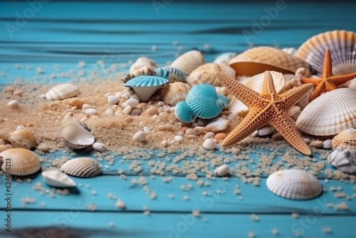 Summer concept background with sandy beach shells and starfish, Generative AI