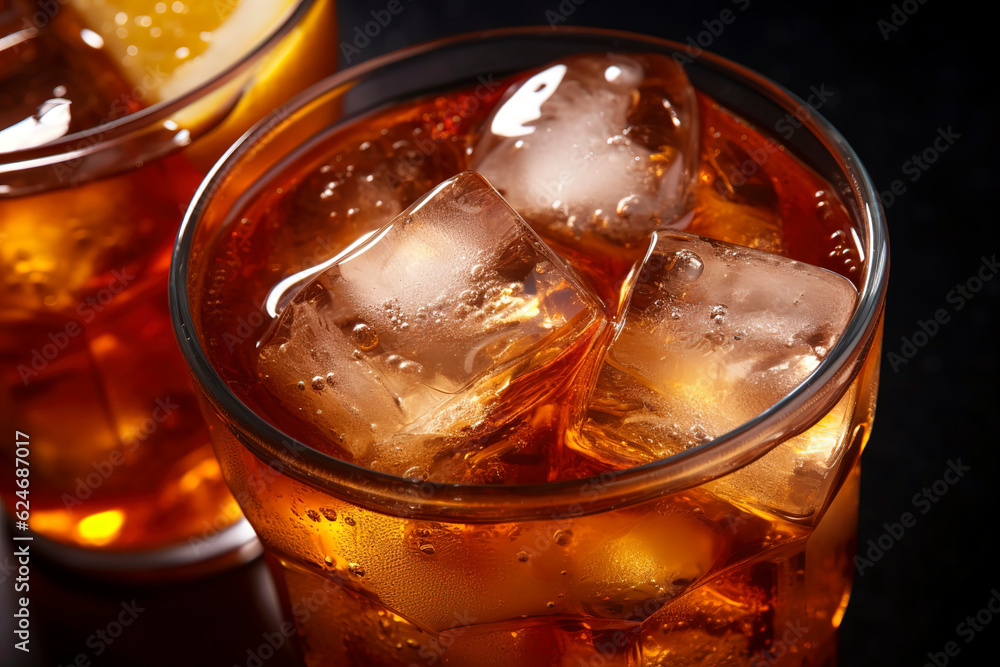 Lemon iced tea with ice cubes, close up. Lemon iced tea with ice cubes, close up.