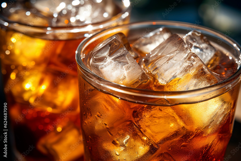 Lemon iced tea with ice cubes, close up. Lemon iced tea with ice cubes, close up.