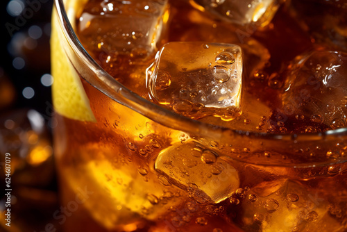 Lemon iced tea with ice cubes, close up.