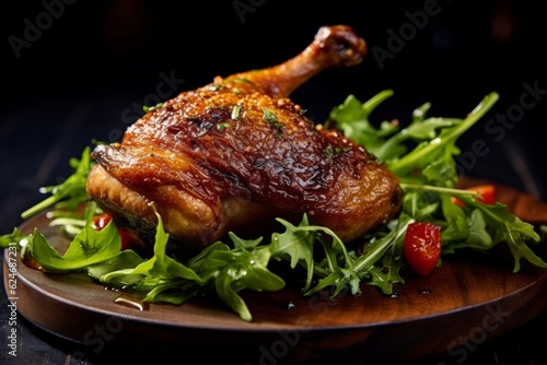 Duck Confit with crispy skin and a green salad on a rustic wooden table