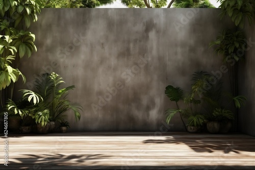 An Empty Exterior Concrete Wall with Tropical Vibes. Generative AI