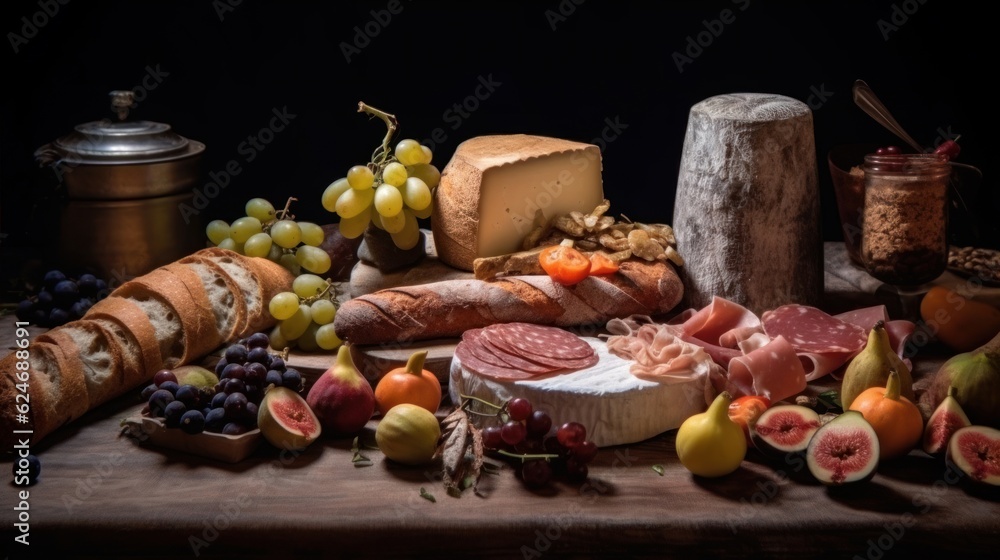 Pâté de Campagne with a visible texture, surrounded by charcuterie, cheeses, and fruit