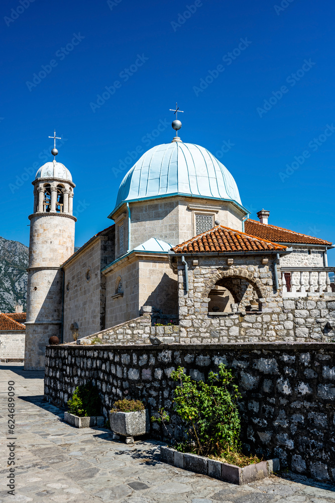 Beautiful architecture and church of Saint George island in Montenegro. Ancient buildings and chapel in Adriatic sea