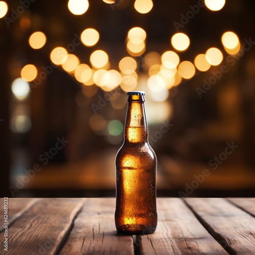 beer bottle on a classic wooden table, moc up style , vintage bokeh bar background created with Generative AI technology