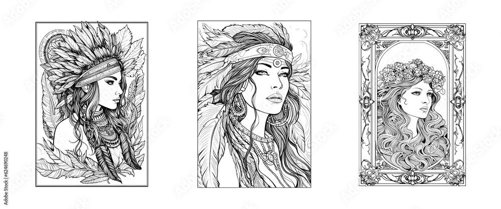 Obraz premium Native American women portrait. Portrait of a beautiful woman for coloring. Awesome women drawings created with generative AI.