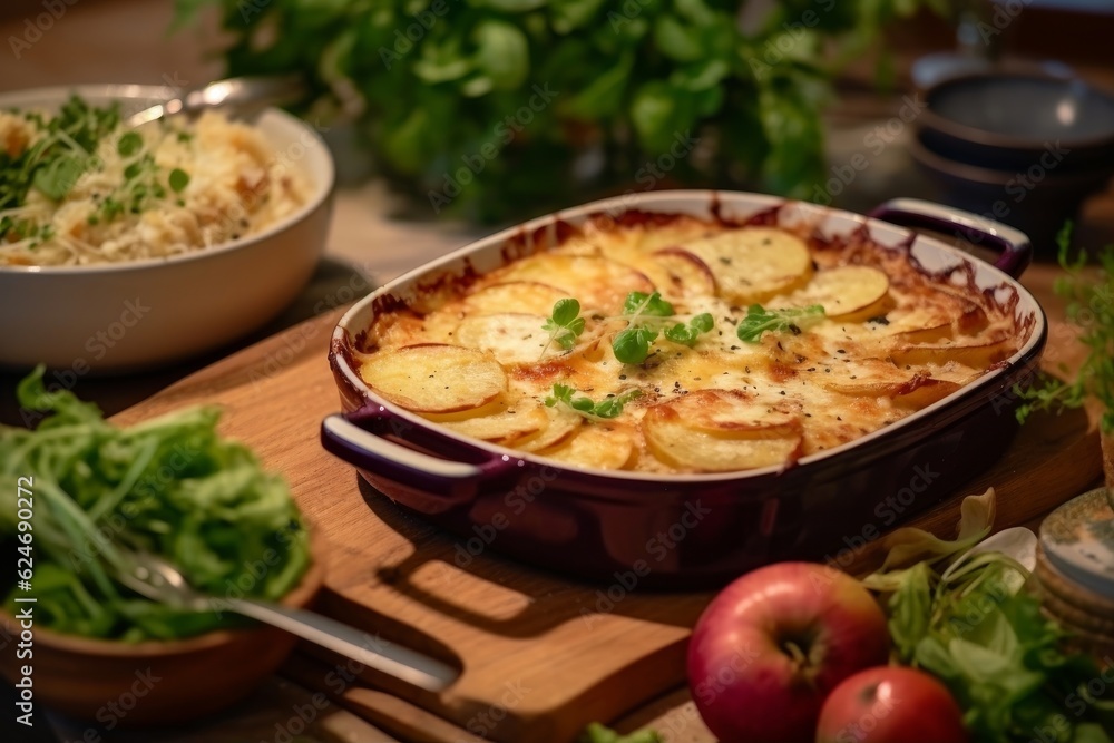 Gratin de Pommes de Terre placed on a wooden table with fresh herbs and a side salad Gratin de Pommes de Terre placed on a wooden table with fresh herbs and a side salad
