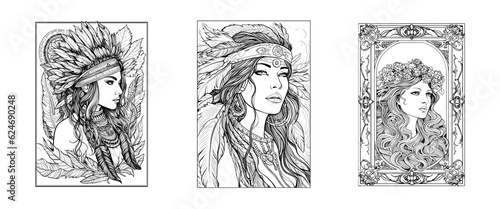 Native American women portrait. Portrait of a beautiful woman for coloring. Awesome women drawings created with generative AI.
