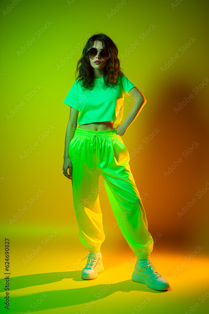 Obraz premium An attractive young beautiful girl is in a stylish sporty modern outfit, a tracksuit that looks fantastic on a slim body in training. Illustration. Generative AI.