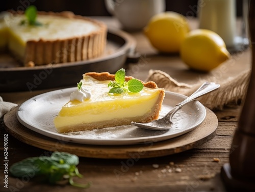 Tarte au Citron in a rustic setting with a fork taking a piece and displaying the creamy lemon curd layer
