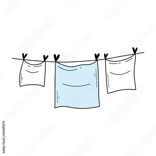Clothes on a rope in doodle style. Vector illustration. Clean clothes dry on a line.