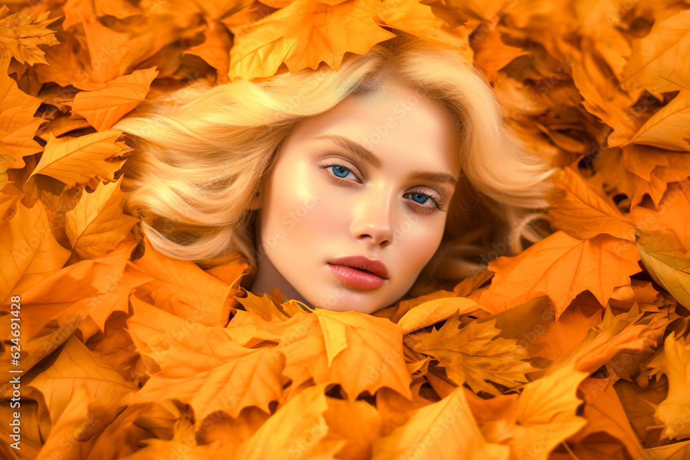 Autumn close-up portrait of a young beautiful girl with fallen leaves of warm colors, orange tones. Romantic rainy fashion woman. Illustration. Generative AI.