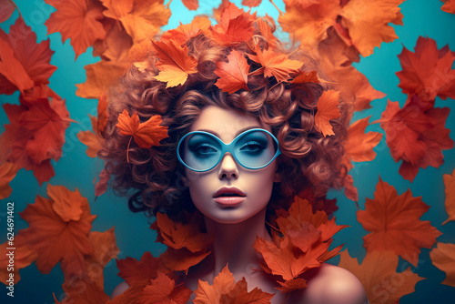 Autumn close-up portrait of a young beautiful girl with fallen leaves of warm colors, orange tones. Romantic rainy fashion woman. Illustration. Generative AI.