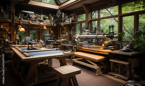Modern wood working room with tools hanging on the wall