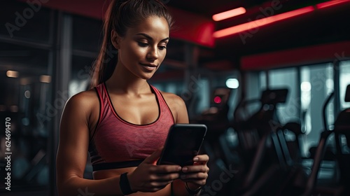 woman looking at fitness app in gym