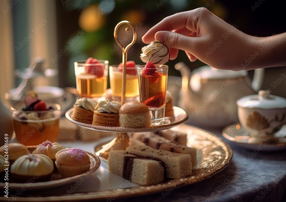 Petit Fours being served at a high tea event with teacups and silverware in the background