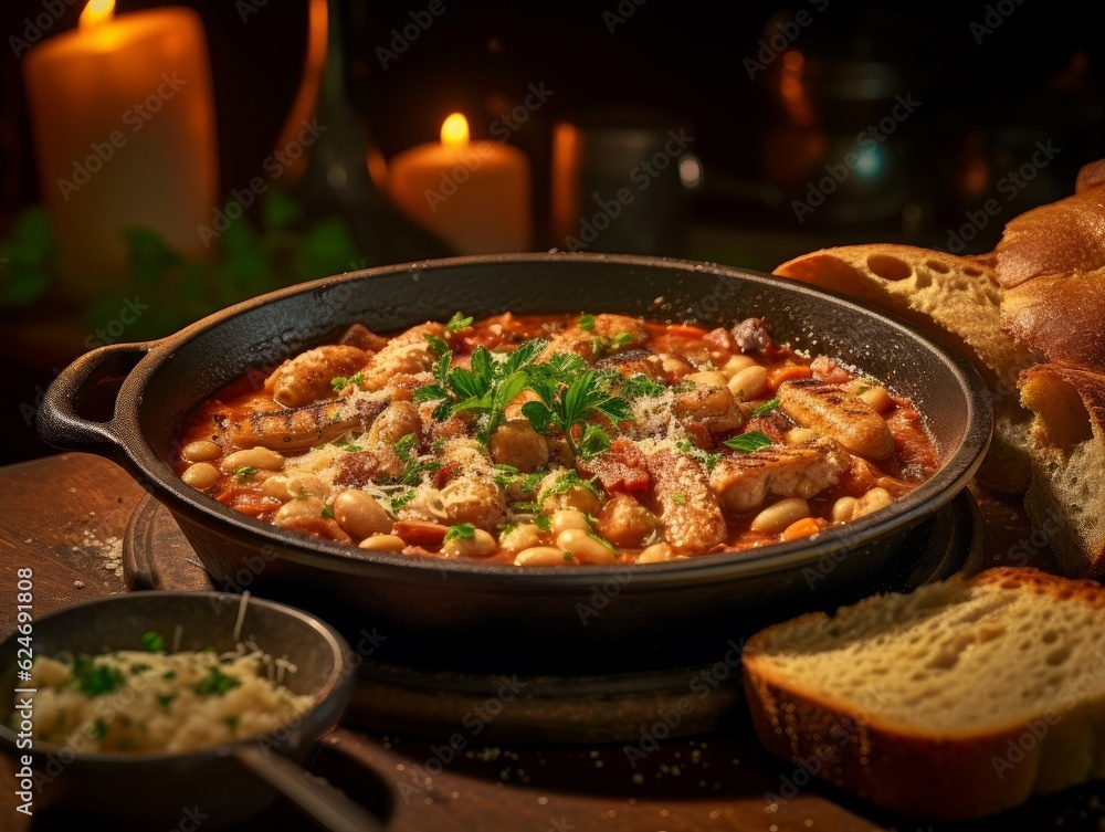 Cassoulet with a garnished side of fresh parsley and crusty bread on a wooden table Cassoulet with a garnished side of fresh parsley and crusty bread on a wooden table