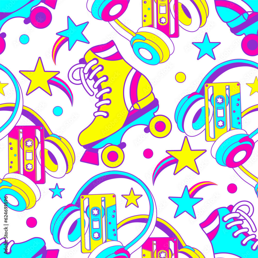 Cool teen seamless pattern with rollerblading skates. Fun colorful print. Old school derby skates with retro pop music aesthetic. Nostalgia roller skating vibe.
