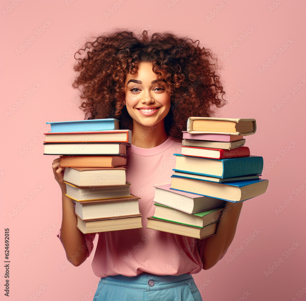 Back to school creative portrait, young beautiful girl with books ready to acquire new knowledge in school desk and library. Illustration. Generative AI. Back to school creative portrait, young beautiful girl with books ready to acquire new knowledge in school desk and library. Illustration. Generative AI.