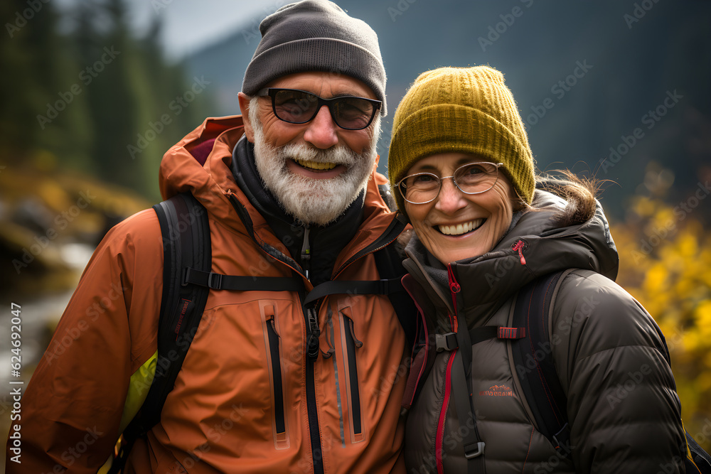 Happy elderly couple hiking in mountains with backpacks, active seniors tourists traveling and enjoying nature and healthy lifestyle, walking tourism, generated ai Happy elderly couple hiking in mountains with backpacks, active seniors tourists traveling and enjoying nature and healthy lifestyle, walking tourism, generated ai