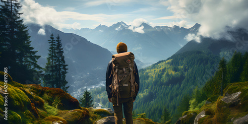 Traveler stands on the edge of the cliff and looks at the amazing mountain landscape, man hiking, active and healthy lifestyle, walking tourism, back view, generated ai
