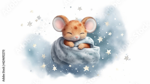 the mouse sleeps on a cloud of children's watercolor. Generative AI