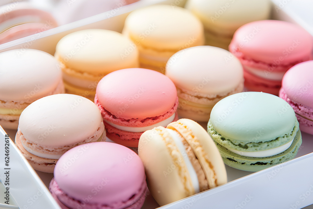 Pastel color of macaron in various position isolated on white background.GenerativeAI. Pastel color of macaron in various position isolated on white background.GenerativeAI.