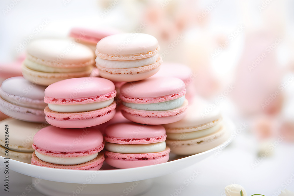 Pastel color of macaron in various position isolated on white background.GenerativeAI. Pastel color of macaron in various position isolated on white background.GenerativeAI.