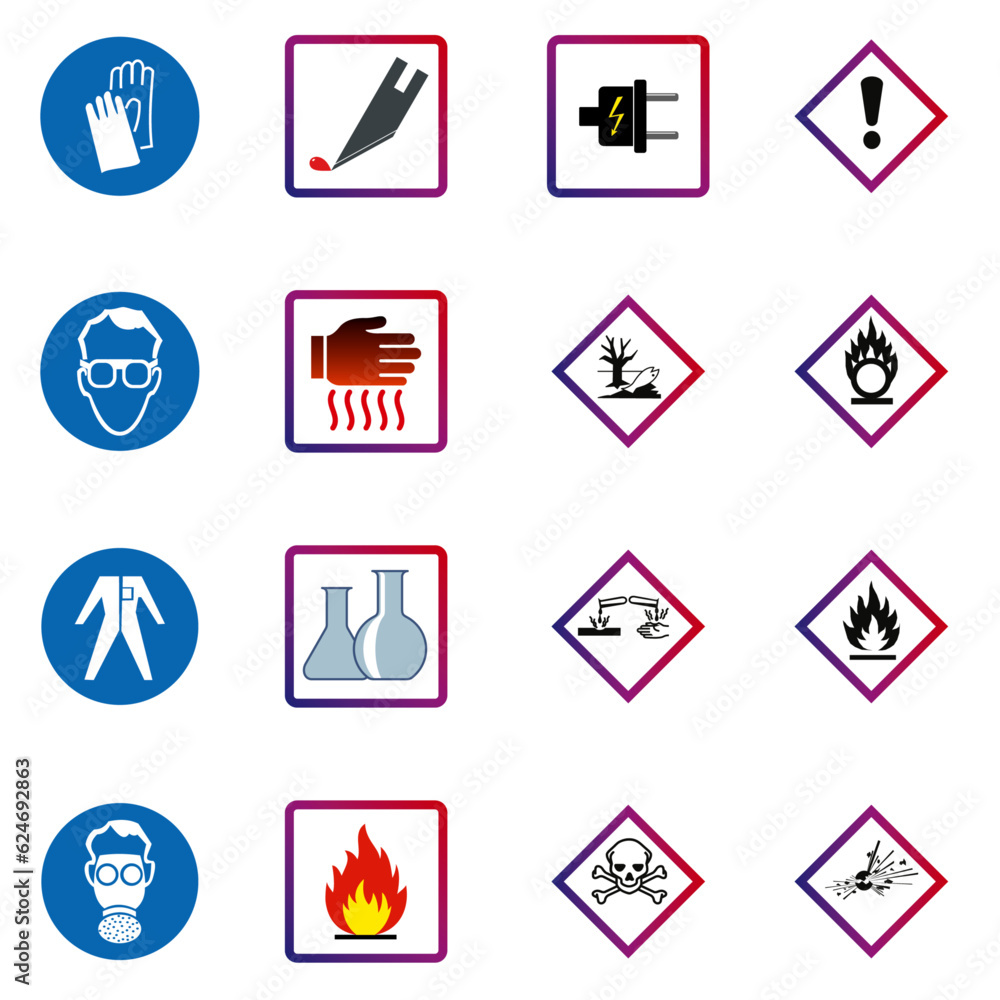Chemistry lab safety symbols, Chemistry warning labels vector Stock