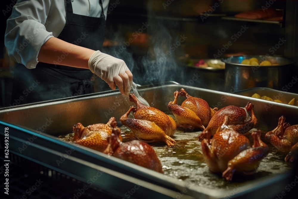 Confit de Canard being prepared in a professional kitchen environment