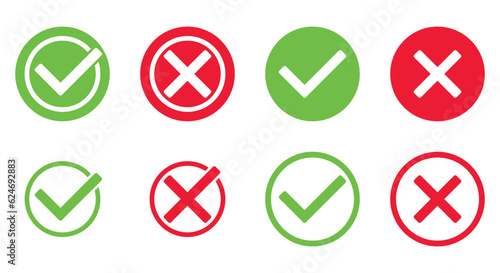 set of green tick and red x in circle, OK check mark and X cross icon symbol, vector illustration