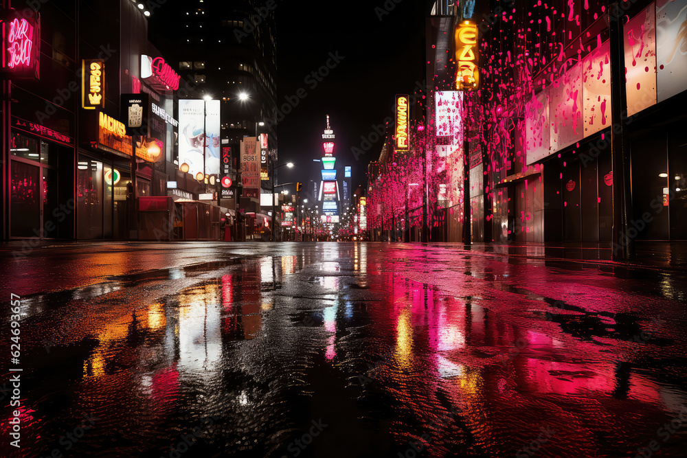 A symphony of lights and rain in a cityscape, with vibrant neon signs, cascading raindrops, and a captivating atmosphere, harmonizing the urban environment with the elements of nature