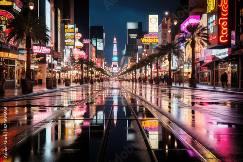 A symphony of lights and rain in a cityscape, with vibrant neon signs, cascading raindrops, and a captivating atmosphere, harmonizing the urban environment with the elements of nature