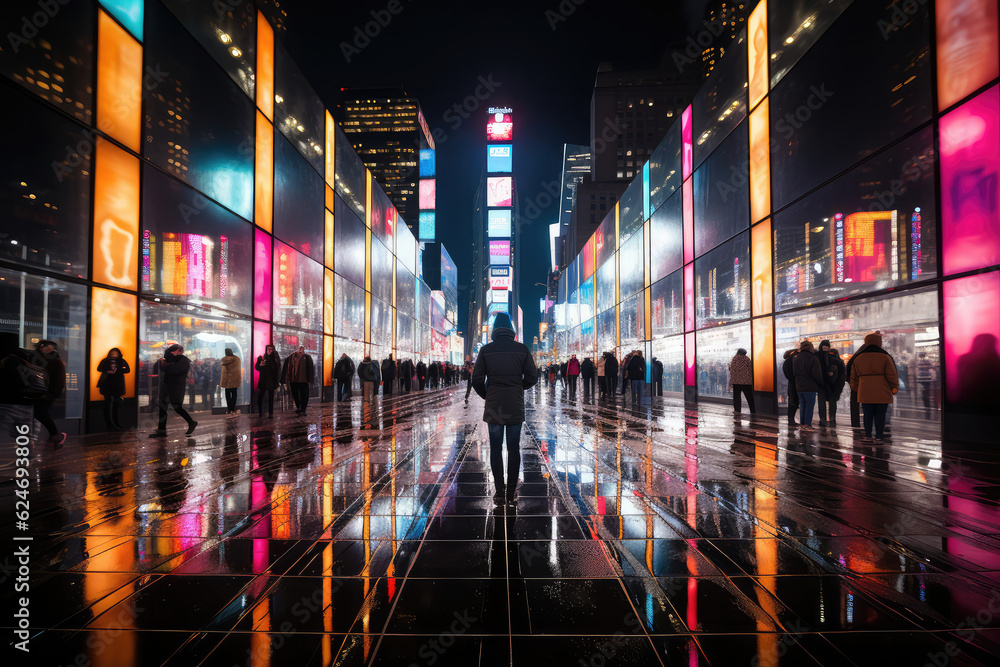 An enchanting visual portrayal of rain pouring down in a city, illuminated by the vibrant glow of neon lights, creating a captivating ambiance and a mesmerizing interplay of light and water