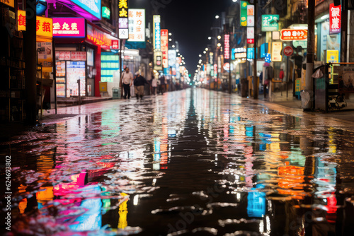 A depiction of a city s vibrant nightlife during a rainy night  with people walking the streets  neon lights illuminating their path  and a sense of adventure and excitement in the air