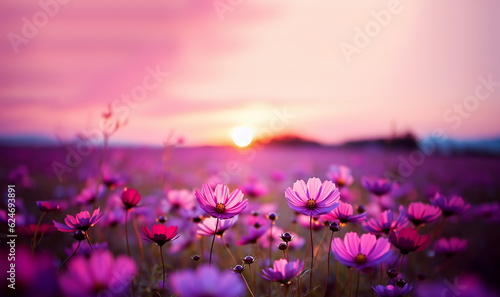 beautiful colorful meadow of wild flowers floral background, landscape with purple pink flowers with sunset and blurred background. Soft pastel Magical nature copy space