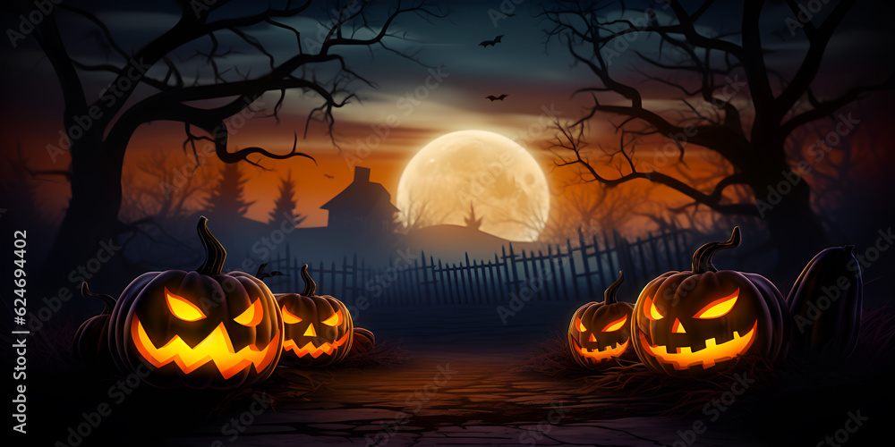Halloween spooky forest sunset with a glowing eyes of Jack O' Lanterns. Halloween spooky banner. Halloween background.