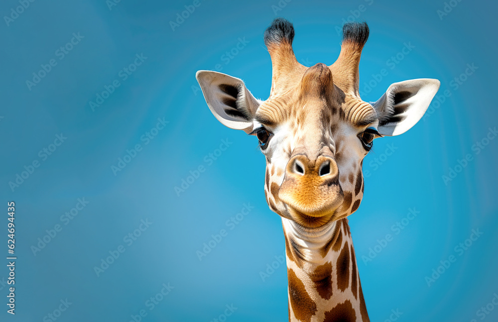 The head of a funny giraffe on a blue background.