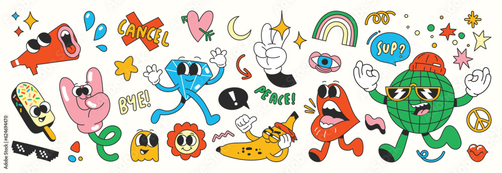 Set of 70s groovy element vector. Collection of cartoon characters, doodle smile face, heart, diamond, megaphone, hand, rainbow, star, word. Cute retro groovy hippie design for decorative, sticker.  - obrazy, fototapety, plakaty 