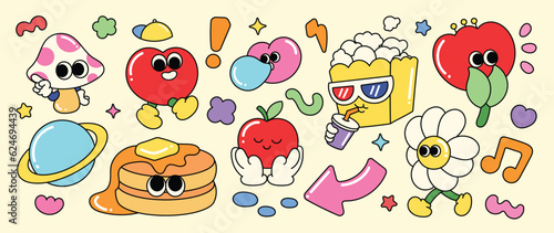 Set of 70s groovy element vector. Collection of cartoon characters, doodle smile face, heart, apple, pancake, popcorn, mushroom, flower, star. Cute retro groovy hippie design for decorative, sticker. 