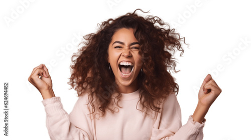Happy wonderful young woman with long hair, excited fun woman. Transparent background. Generated Ai