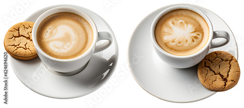 Set of two white cups of coffee with cookies. Coffee white mug on a white plate. Coffee design element for cafe, restaurant and breakfast. Coffee with cookies.Isolated on a transparent background. KI.