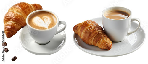 Set of two white cups of coffee with croissants. Coffee white mug on a plate. Coffee beans. Coffee design element for cafe, restaurant and breakfast. Isolated on a transparent background. KI.