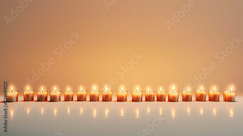 a row of burning candles on a warm background festive background, empty copy space. Generative AI