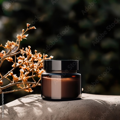 Amber glass cosmetic cream jar mockup, beauty product container front view template, styled creative cream jar mockup