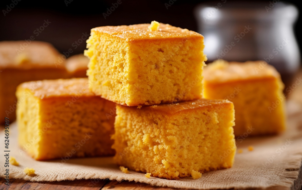 Cut up square cornbread slices with a blurred background. Cornbread is bread made with cornmeal, often served with honey or butter. Cut up square cornbread slices with a blurred background. Cornbread is bread made with cornmeal, often served with honey or butter.