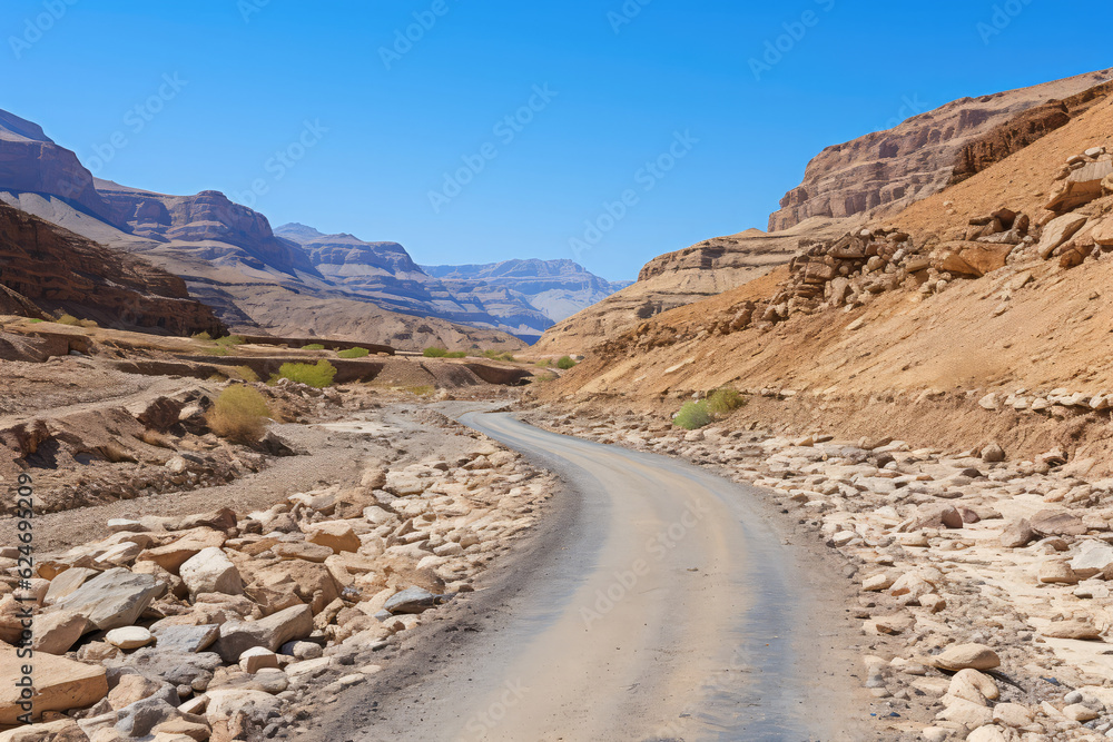 Driving through a desert road, with shimmering heatwaves, distant mirages, and the surreal beauty of the arid landscape stretching as far as the eye can see