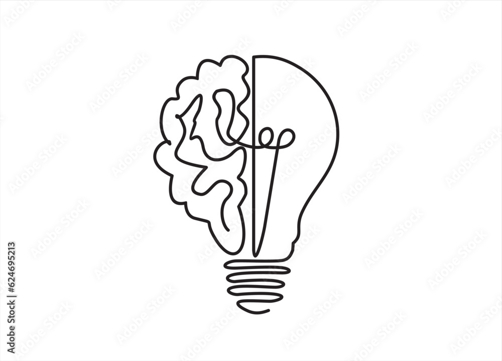 Single continuous line drawing of light bulb with human brain. Creative brain Idea concept with light bulb and brain Single continuous line drawing of light bulb with human brain. Creative brain Idea concept with light bulb and brain