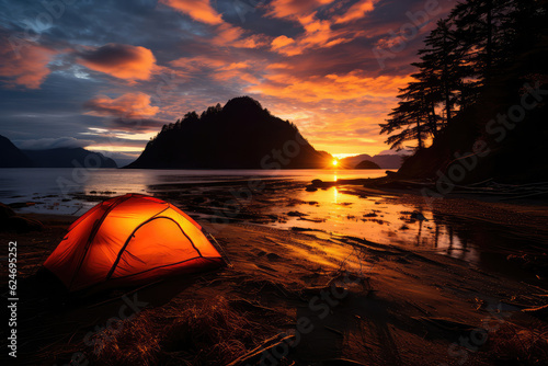 Setting up a cozy campsite by the roadside, overlooking the coast, as the sun sets in a magnificent display of colors, creating a serene and magical ambiance